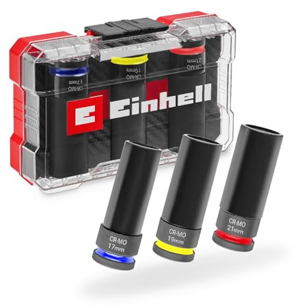 Original Einhell coffret impact 3 pièces voiture (protection jante, acier CrMo, 17/19/21 mm, longueur 80 mm, code couleur, carré 1/2)