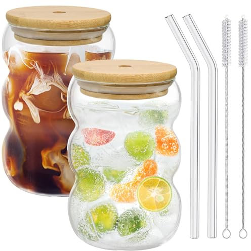 Forbabe Matcha Latte in vetro, 2 bicchieri da 550 ml, con coperchio e cannuccia, bicchieri in vetro macchiato, bicchieri da cocktail, bicchieri da caffè con spazzola e cannuccia