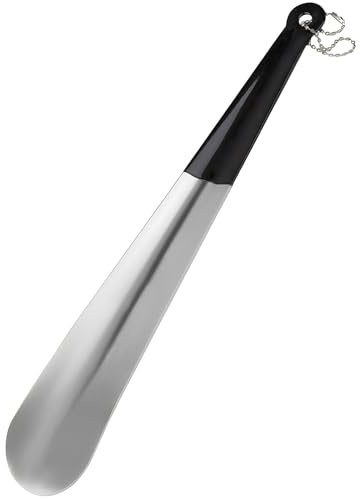 CDRPD 1 Pcs Calzador de Acero Inoxidable,30cm Metalico Calzadores,Calzador Largo,Calzador de Zapatos,con Una Cáscara Negra,con Orificios para Colgar,Ergonómico,Fácil de Utilizar(Plata)