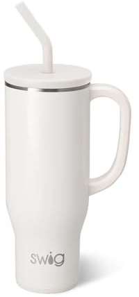 Swig Life 30oz Mega Mug, 30oz Tumbler with Handle and Straw, Large Insulated Tumblers, Cup Holder Friendly Travel Mug, Stainless Steel 30 oz Tumbler, Reusable Insulated Water Bottle (Pearl)