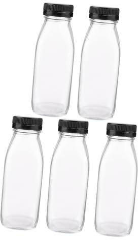 MAGICLULU 5 piezas Botellas de Vidrio Transparentes para Leche y Jugos Tapa de Hermética Almacenamiento Seguro para Bebidas Variadas Diseño Cuadrado Fácil de Limpiar