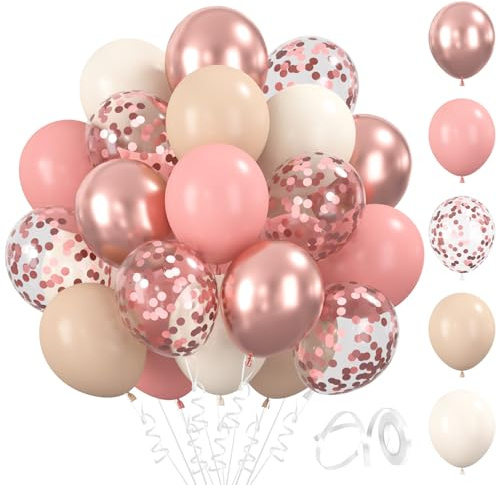 BlooMoo 60 Stück Luftballons Rosa Beige, 12 Zoll Latex Luftballons Retro Rosa, Metallic Ballons und Konfetti Ballons Set, für Geburtstag Hochzeit Babyparty Party Dekoration