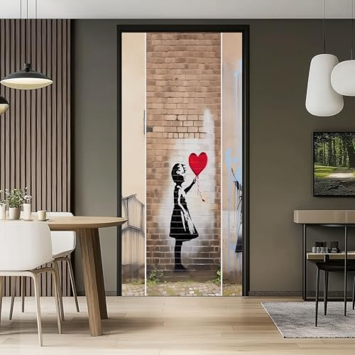 Türaufkleber Banksy Mädchen Straßengraffiti Türfolie Selbstklebende Fototapete, Braunes Türposter Abnehmbar Türfolie PVC für Tür Küche Badezimmer Türaufkleber 90 x 200 cm