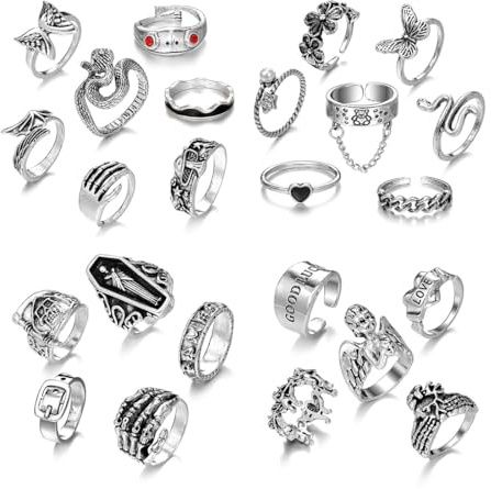 OUDQFCJ 24 Stück Verstellbare Gothic- und Punk-Ringe für Damen und Herren, Y2K-Ring mit Herzen, Schlangen, Blumen, Schmetterlingen, Sonne und Mond, Yin- und Yang-Design (Silber)