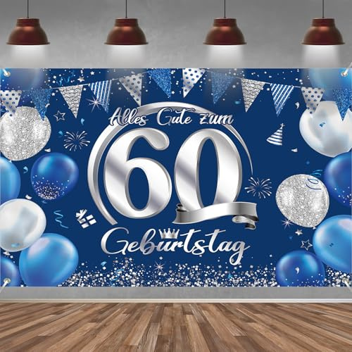 60. Geburtstag Banner Frauen Männer Deko Blau Silber 60 Geburtstag Hintergrund Banner, Extra Große Stoff Schild Poster für 60. Geburtstagsparty Deko, 210x150 cm