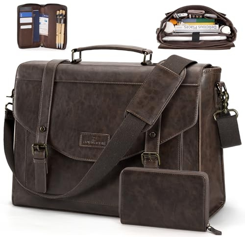 RAINSMORE Flap Messenger Bag for Men Vintage PU Vegan Leather Laptop Bag 15.6 Inch Professional Mens Briefcase Waterproof Satchel Bag Men with Card Purse Computer Bag for Work College Office Coffee