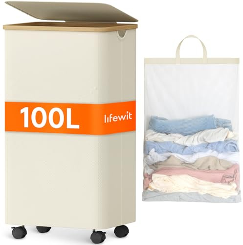 Lifewit 100 L Panier a Linge avec Couvercle et Roulettes, Corbeille Linge Pliable en Bambou avec Sac Amovible, Bac Linge, Laundry Basket pour Chambre, Salle de Bain, Buanderie, Blanc