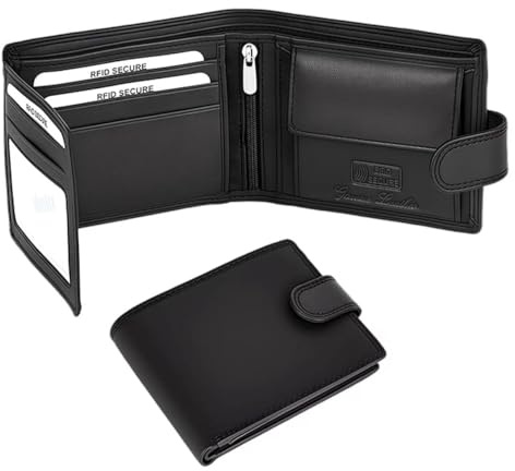 BAISHUNFU Men's Genuine Leather Bifold Wallet with RFID Blocking, Multiple Credit Card Slots, Coin Pocket, Includes Photo Frame Holder – Black New Model