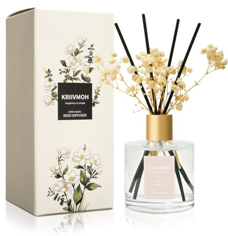 KRIIVMOH Diffuseur Parfum Maison, 200 ML, diffuseur de Parfum au Jasmin Blanc avec 8 bâtonnets Parfum Longue durée pour la Maison, la Salle de Bain, la décoration de la Chambre