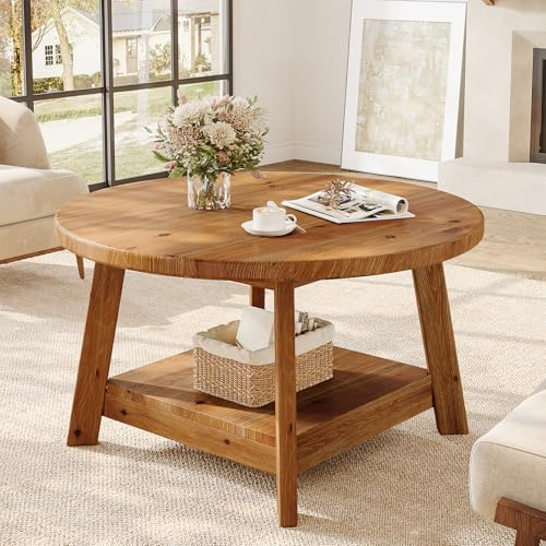 Tribesigns Solid Wood Round Coffee Table, 80 cm Industrial Wooden 2-Tier Circle Coffee Table with Storage Shelf, Accent Center Table Sofa Side Table for Living Room, Small Space, Walnut
