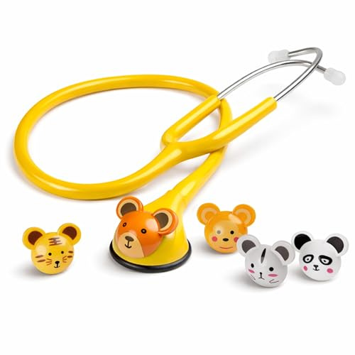 Pulox CSC-10 Kinder Stethoskop mit 5 Tier-Pins Gelb | Professionelles Einkopf-Arztstethoskop für Pädiatrie, kindgerechtes Design mit austauschbaren Tiermotiven