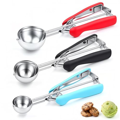 DMOPRDNB Cookie Scoops for Baking Set of 3, Cookie Dough Scoop, 18/8 Stainless Steel Ice Cream Scoop, 1 Tbsp/ 2 Tbsp/ 3 Tbsp, Red/Black/Mint Non-Slip Grip, for Cupcake/Muffin/Ice Cream/Truffles