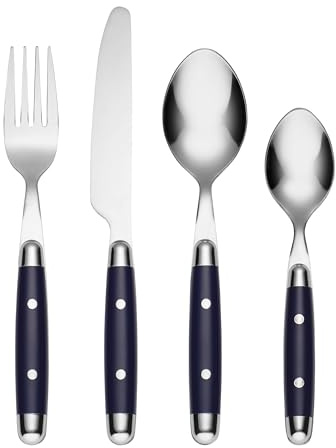 Cambridge Silverware Set, Jubilee Blue 16-Piece Flatware Set, Service For 4, 18/0 Stainless Steel, Knives Spoons And Forks Sets, Dishwasher Safe, Home And Kitchen Utensils (Black/Silver, 16 Piece)