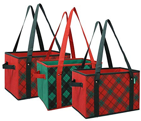 Earthwise Deluxe Collapsible Reusable Shopping Box Grocery Bag Set with Reinforced Bottom Plaid Holiday Xmas Christmas Design Storage Boxes Bins Cubes (Set of 3) (Holiday)