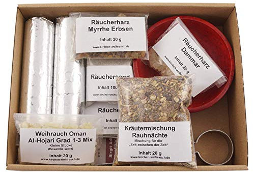 Räucher Set „Rauhnächte“ – 10 TLG. – Kräutermischung Rauhnächte u. Weihrauch Oman Al Hojari, Myrrhe und Dammar - Räucherschale u. Zubehör mit Anleitung – im Geschenkkarton mit Klarsichtdeckel