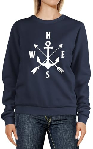 MoonWorks® Sweatshirt Damen Damen Aufdruck Motiv Anker Kompass Pfeile Rundhals-Pullover Pulli Sweater ) Rundhals-Pullover Pulli Sweater Navy XL