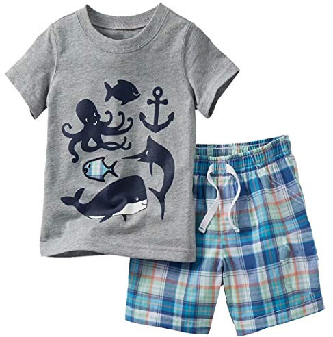 Funnymore Baby Boy's Summer Clothes,Short Sleeve T-Shirt and Shorts Outfit Set Grey Fish 2t
