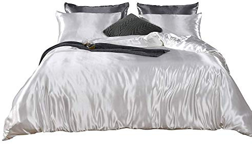 Bedify Bedding 100% Pure Silk Satin Duvet Set with 2 Pillowcases Wrinkle Free Fade Resistant One Silk Satin Duvet Cover | Two Pillowcases | Cool Soft Silk Duvet Set (White, King/Cal King)