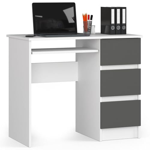 AKORD Schreibtisch A6 90 cm | 3 Schubladen Rechts | Schreibtisch | Bürotisch | Computertisch | Arbeitstisch | Laptoptisch | Bürmöbel | B90 x H77 x T50 cm | Gewicht 29,95 kg | Weiß/Graphitgrau