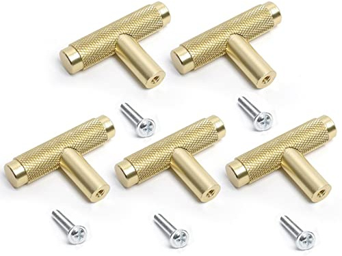 HOHOVYVY 5 Stück Schrankgriffe, gerändelte T-Stange, Aluminiumknauf, Goldbar, Schrank, Schubladen, Kleiderschrank, Türgriff, modern