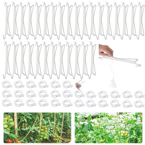 MEISHANG Tomatenhaken,Tomatenhaken mit Schnur,30 Stück Tomaten Haken mit 30 Praktischer Pflanzenstützclip,Gemüsehaken Tomatenhaken,Tomatenhaken Metall,Tomatenhaken Set für Hängende Tomaten und Gurken