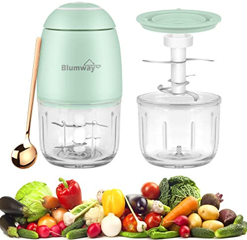 BlumWay 300ML Elektrischer Mini Food Chopper, 60W Kabelloser Knoblauchpressenhacker, Knoblauchmixer für Gemüse, Obst, Zwiebeln, Chili, Fleisch, Salat, Babynahrung, Glasbehälter (Grün)