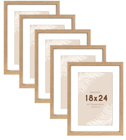 Wackadoo Bilderrahmen 5er Set 18x24 cm Eiche Fotowand Fotorahmen mit Glas Picture frame Holz mit Passepartout 13x18 cm