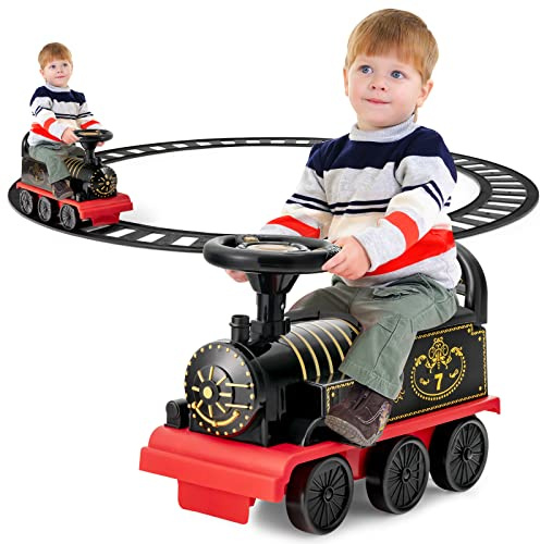 GYMAX Treno Elettrico per Bambini, Trenino Giocattolo con Set di Rotaie da 16 Pezzi, Luce, Musica, Fischio del Treno e Spazio di Archiviazione, per Bambini da 3 Anni, Carico Massimo 25 kg (Nero)