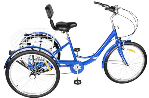 24 Zoll Dreirad für Erwachsene, 7-Gang Faltbares Fahrrad mit Rückenlehne und Einkaufskorb, Stahl mit hohem Kohlenstoffgehalt Material Einstellbare Höhe für Erwachsene, Senioren und Fahranfänger (Blau)