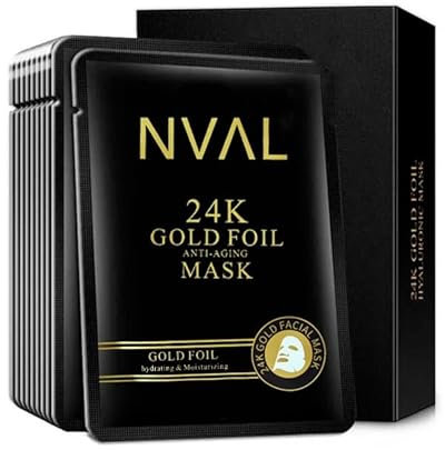 NUAL - Mascarilla Facial Oro 24 K (10 ud) con Ácido Hialurónico Antiarrugas (28ml), Cuidado De La Piel & Hidratante Vegana Skincare - Fórmulas Coreanas con ingredientes activo