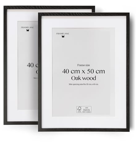 Framelane Bilderrahmen aus Eichenholz, 2er-Set, 40 x 50 cm, Schwarz | 2er-Set, 40x60, Schwarz, FSC-Eiche, Gehärtetes Glas, Passepartout, Wand und Tisch