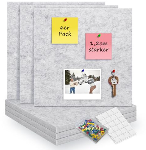 CUHIOY Selbstklebende Filz Pinnwand modern, 6 Stück (30x30cm), Weiß Grau | 12mm Dicke schützt Wände. Schnelle Montage für DIY-Layouts. Inkl. 60 Pins für Fotos in Büro, Küche & Kinderzimmer