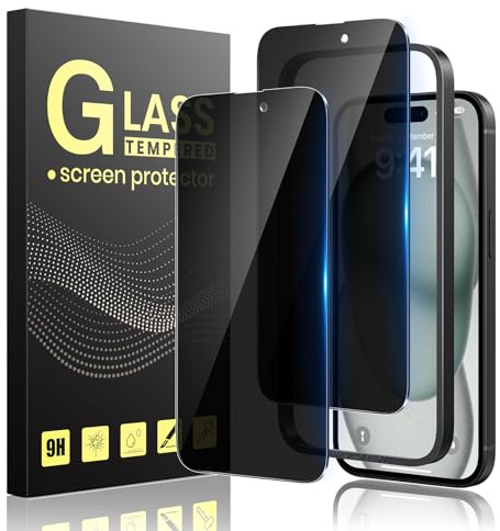 Guretok 2 Stück Sichtschutz für iPhone 15 Schutzfolie mit Rahmen 6,1 Zoll | Privacy Glas, 28° Anti-Spy Folie, Dunkle Schutzglas, Kratzfest, 9H Härte, Anti-Drop, Einfache Installation Rahmen