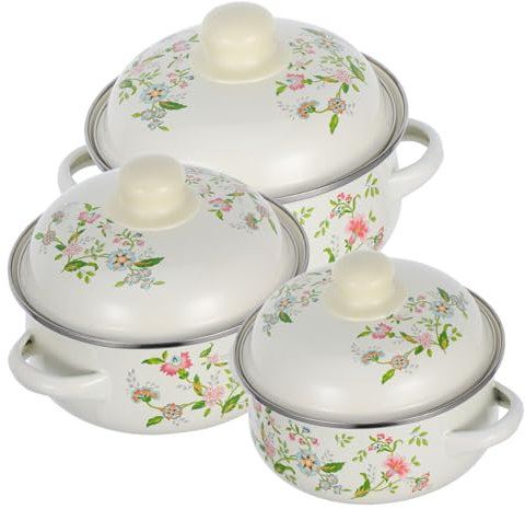 COLLBATH 3pcs Enamel Stock Pot Set Lid, Mini Double Handle Stew Pots for Induction and Gas Stoves, Retro Floral Small Enamelware Cooking Saucepan Trio (16-18-20cm)