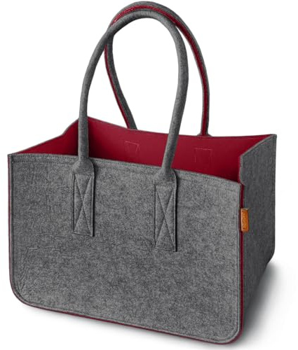 MIQIO Design Filz Shopper | große Einkaufstasche mit Henkel und Innentasche | Shopping-Bag Einkaufskorb | Tragetasche aus Filz| Aufbewahrungskorb | Mittelgrau-Dunkelrot