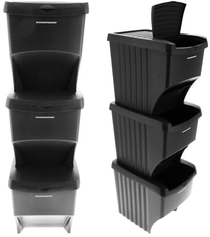 Papeleras Negras - Juego de 3 x 22L - Cubos de separación de residuos apilables - Reciclaje de Residuos - Ideal para Reciclaje y Separación de Residuos