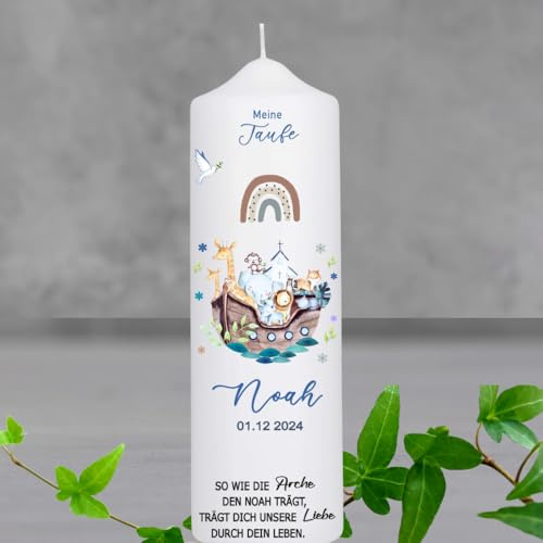 Taufkerze Mädchen oder für Jungen mit Taufspruch, Arche Noah 25 cm x 8 cm, personalisierte Kerze, bedruckte Kerze zur Taufe, Stumpenkerze zur Taufe, individuelles Taufgeschenk,braun