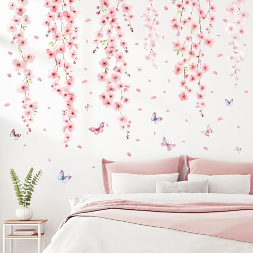 SHUHCING Wandtattoo Kirschblüte, Wandaufkleber Rosa Blume hängende Rebe, Selbstklebend Wandsticker für Mädchen Wohnzimmer Schlafzimmer Küche