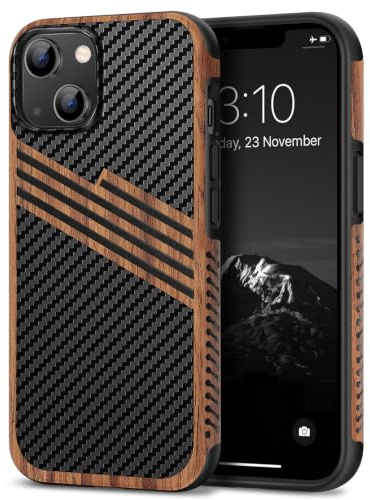 TENDLIN Coque Compatible avec iPhone 14 Etui Hybride en Bois et Carbone et Cuir Compatible avec iPhone 14 (Stripes)