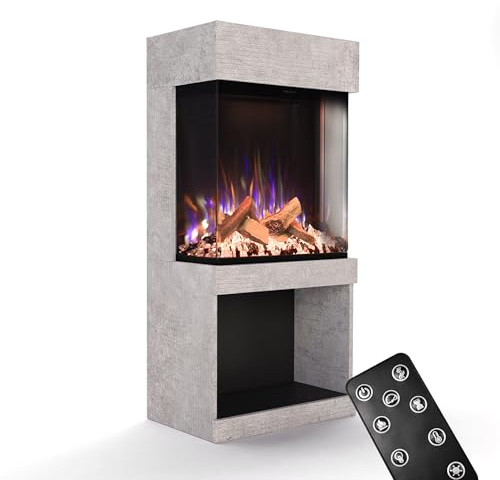 GLOW FIRE Kaminofen PR12 mit realistischem 3D E-Motion LED-Feuer - Stand-Elektrokamin mit Heizung und Kaminfeuer, Knistereffekt & Timer, max. 1500 W, 61,5x130x40cm, Beton