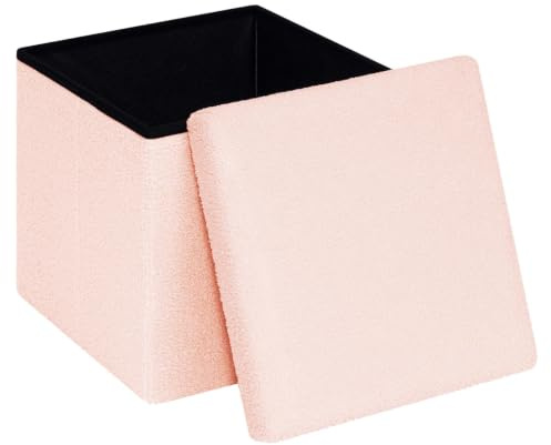 PINPLUS Faltbarer Bouclé Sitzhocker mit Stauraum, Würfel 38 cm, Rosa | gepolsterter Hocker mit Deckel, Fußhocker & Aufbewahrungsbox, platzsparend, für Wohnzimmer, Schlafzimmer, Flur