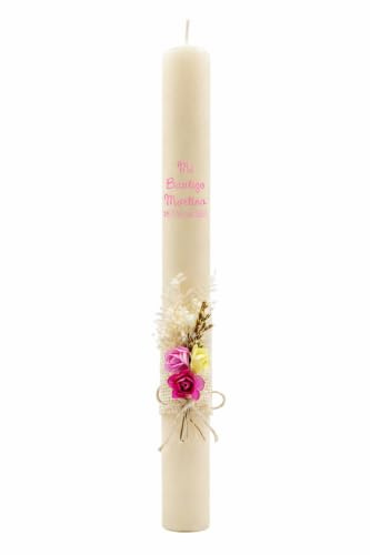 Vela/Cirio de Bautizo de Cera Beig con Pick Floral RUSTICO FUXIA | Para Niño/a, Decorada con pick floral Tonos Rosados