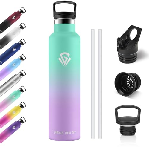 Gourde Isotherme 1L, Bouteille Isotherme Acier Inoxydable, Bouteille d'eau Étanche, sans BPA, Gourde Inox avec Paille, Réutilisable, Gourde pour Enfant, Fitness, Randonnée, Camping, Cyclisme
