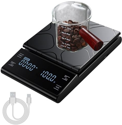 ALEENFOON Digital kaffevåg med timer 0,1 g/5 kg köksvåg med hög precision med LED-display Tara-funktion och touch-sensorknapp uppladdningsbar kaffevåg (svart)