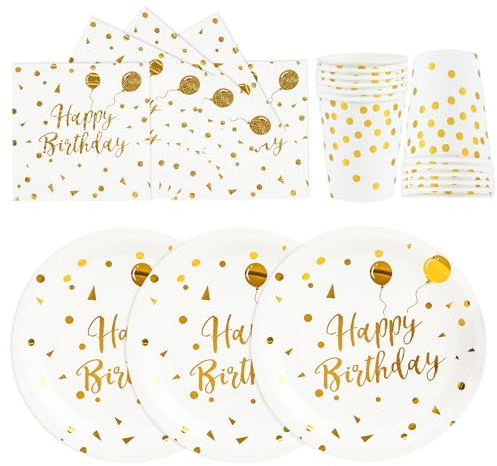 72 Stück Partygeschirr Set,Happy Birthday Weiß Gold Geburtstag Party Geschirr Becher Serviette Pappteller Set,für Mädchen Kinder Tischdekoration-24 Gäste