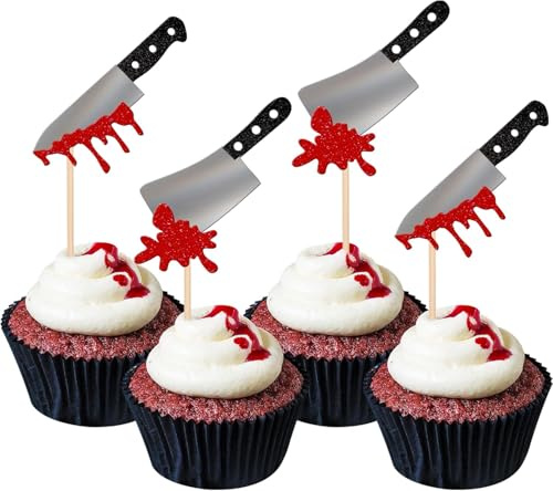 Decoration Gateau Halloween 24 Pièces Couteau Horreur Miroir Décoration Cupcake Halloween Déco Gâteau Décoration Cake Topper