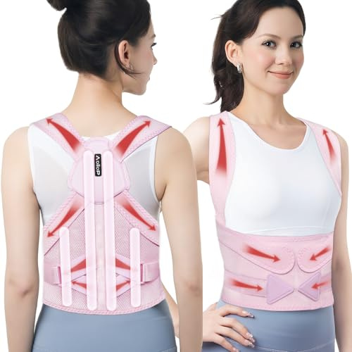 Aollop Posture Corrector for Women and Men - Elastic Adjustable Lumbar Belt Strap 4 Support Bars Back Support Brace, Breathable Upper Lower Back Straightener for Spine Scoliosis (Pink, 30'-38')