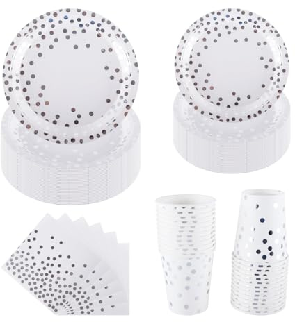 CEILIWEN 25-gäster silver polkaprickig festservis set – 23 cm & 17,8 cm vita och silverpapperstallrikar, koppar, servetter – elegant servis för bröllop, årsdagar, födelsedag, jul och evenemang