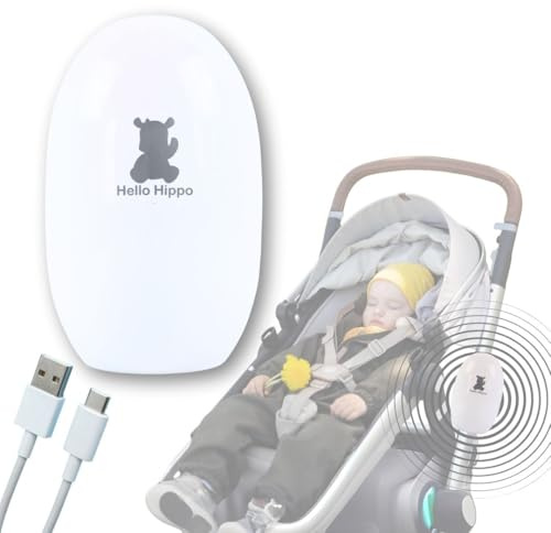 Hello Hippo - USB-C-uppladdningsbar automatisk babyvagga - sovhjälpmedel för alla barnvagnar, barnvagnar - 5 hastigheter - tyst, kompakt, universell montering, mobil