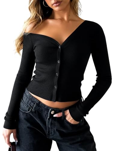 Navneet axellös topp damer magfri off-shoulder ribbad crop top långärmad kofta Y2K höst, Svart enaxlad kofta, M